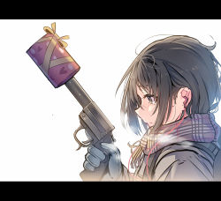 Rule 34 | 1girl, backpack, bag, black hair, brown eyes, daito, earbuds, earphones, from side, gift, gloves, gun, handgun, holding, holding gun, holding weapon, letterboxed, mole, mole under eye, original, pistol, plaid, plaid scarf, portrait, scarf, serious, solo, trigger discipline, valentine, weapon, white background