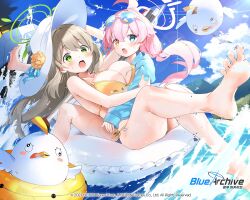 Rule 34 | 2girls, ahoge, barefoot, bikini, bird, blue archive, blue eyes, blue jacket, blue sky, breasts, brown hair, cleavage, cloud, commentary, copyright name, day, english commentary, eyewear on head, gogoco, green eyes, halo, hat, heterochromia, hoshino (blue archive), hoshino (swimsuit) (blue archive), hug, jacket, large breasts, long hair, long sleeves, low twintails, multiple girls, nonomi (blue archive), nonomi (swimsuit) (blue archive), ocean, official alternate costume, official art, open mouth, peroro (blue archive), pink hair, sky, soles, sunglasses, swimsuit, toes, twintails, white headwear, yellow bikini, yellow eyes