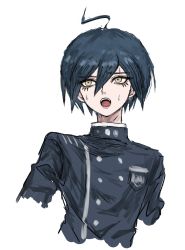 Rule 34 | 1boy, ahoge, black hair, black jacket, breast pocket, brown eyes, buttons, commentary request, cropped torso, danganronpa (series), danganronpa v3: killing harmony, highres, jacket, knijla9geho6aoi, long sleeves, male focus, open mouth, pocket, saihara shuichi, short hair, simple background, sweat, teeth, upper teeth only, white background
