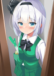 Rule 34 | 1girl, 9150namihana, absurdres, black bow, black bowtie, black hairband, bow, bowtie, closed mouth, collared shirt, commentary request, green eyes, green skirt, green vest, hairband, highres, konpaku youmu, looking at viewer, shirt, short hair, skirt, smile, solo, spring onion, touhou, vest, white hair, white shirt