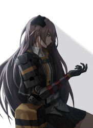 Rule 34 | 1girl, bag, black gloves, black jacket, black skirt, brown hair, cero (last2stage), closed mouth, girls&#039; frontline, gloves, jacket, long hair, looking down, mechanical arms, open clothes, open jacket, shirt, single mechanical arm, sitting, skirt, solo, ump45 (girls&#039; frontline), ump45 (mod3) (girls&#039; frontline), white background, white shirt, yellow eyes
