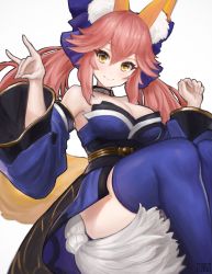 Rule 34 | 10s, 1girl, animal ears, artnohearts, blue ribbon, blue thighhighs, blush, bow, breasts, cleavage, detached sleeves, fate/extra, fate/extra ccc, fate/grand order, fate (series), fox ears, fox shadow puppet, fox tail, hair bow, hair ribbon, japanese clothes, large breasts, looking at viewer, pink hair, ribbon, simple background, solo, tail, tamamo (fate), tamamo no mae (fate/extra), thighhighs, white background, yellow eyes