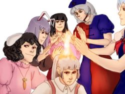 Rule 34 | 6+girls, animal ears, black eyes, black hair, blue dress, blunt bangs, buttons, carrot necklace, collarbone, curly hair, dress, fire, fire, fujiwara no mokou, hat, houraisan kaguya, imperishable night, inaba tewi, jewelry, kamishirasawa keine, meme, moonywitcher, multiple girls, neckerchief, necklace, nurse cap, parody, parted lips, photo-referenced, puffy short sleeves, puffy sleeves, purple hair, rabbit ears, red eyes, reisen udongein inaba, shirt, short sleeves, silver hair, simple background, suspenders, touhou, white background, white shirt, yagokoro eirin