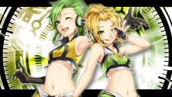 Rule 34 | 2girls, :q, alternate hairstyle, armpits, bad id, bad pixiv id, bare shoulders, black gloves, blonde hair, blush, crop top, elbow gloves, fingerless gloves, gloves, green eyes, green hair, gumi, hair ornament, hairclip, headphones, hinase kanoto, kagamine rin, letterboxed, midriff, multiple girls, navel, ok sign, one eye closed, open mouth, short hair, smile, tongue, tongue out, vocaloid, wink