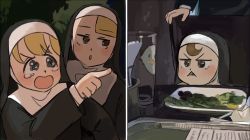Rule 34 | 4girls, black eyes, blonde hair, blue eyes, blush, chair, character request, clumsy nun (diva), cup, diva (hyxpk), drinking glass, froggy nun (diva), habit, jitome, little nuns (diva), meme, multiple girls, nun, open mouth, parted lips, plate, pointing, sitting, spicy nun (diva), tears, traditional nun, triangle mouth, veil, woman yelling at cat (meme)