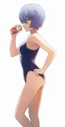 Rule 34 | 1girl, ayanami rei, bare legs, blue hair, blue one-piece swimsuit, breasts, can, closed mouth, commentary, cowboy shot, drink, expressionless, from side, hair between eyes, hand on own hip, highres, hiroki (yyqw7151), holding, holding drink, light blue hair, medium breasts, neon genesis evangelion, one-piece swimsuit, profile, red eyes, short hair, simple background, solo, standing, swimsuit, thighs, white background
