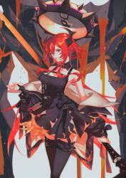 Rule 34 | 1girl, absurdres, arknights, chain, collar, demon, demon girl, demon horns, dress, highres, holding, holding weapon, horns, jacket, killert 0401, looking at viewer, purple eyes, red hair, spiked collar, spikes, surtr (arknights), sword, thighhighs, weapon
