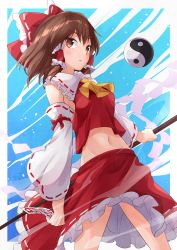 Rule 34 | 1girl, absurdres, ascot, blush, bow, brown eyes, brown hair, cloud, cloudy sky, cowboy shot, frilled bow, frilled skirt, frills, gohei, hair bow, hair tubes, hakurei reimu, highres, midriff, navel, off shoulder, orb, ramie (ramie541), red bow, red skirt, red vest, ribbon-trimmed sleeves, ribbon trim, shirt, short hair, skirt, sky, stomach, touhou, vest, white shirt, wide sleeves, yellow ascot, yin yang, yin yang orb
