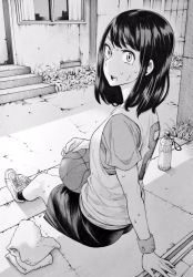 Rule 34 | 1girl, alley, bad id, bad twitter id, basket, basketball, basketball uniform, bottle, greyscale, highres, layered clothes, looking back, monochrome, nakajima ryou, original, outdoors, shoes, shorts, sitting, sneakers, solo, sportswear, sweat, towel, water bottle, wide-eyed