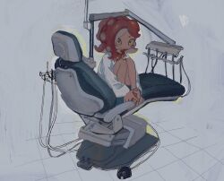 Rule 34 | 1girl, barefoot, blood, blood on clothes, blood on face, blood on hands, chair, dark-skinned female, dark skin, dental chair, dr mice, grey background, highres, long sleeves, nintendo, octoling, octoling girl, octoling player character, orange eyes, own hands together, red hair, shirt, simple background, sitting, solo, splatoon (series), tentacle hair, white shirt