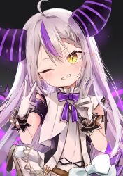 Rule 34 | 1girl, ahoge, akebisousaku, black horns, braid, braided bangs, double v, gloves, grey hair, highres, hololive, hololive idol uniform, horns, la+ darknesss, long hair, looking at viewer, multicolored hair, official alternate costume, one eye closed, pointy ears, purple hair, ribbon, smile, solo, streaked hair, striped horns, v, virtual youtuber, white gloves, yellow eyes