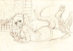 Rule 34 | 1girl, animal hands, beckoning, claws, fiery tail, fins, head fins, legs up, lizard tail, long hair, looking at viewer, lying, monochrome, monorus, monster girl, monster girl encyclopedia, on stomach, salamander (monster girl encyclopedia), scales, sketch, slit pupils, smile, solo, sweater, tail, traditional media