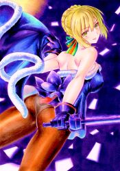 Rule 34 | 1girl, artoria pendragon (all), artoria pendragon (fate), ass, bare shoulders, blonde hair, blue santa costume, braid, braided bun, capelet, capelet removed, commentary request, cowboy shot, dress, excalibur morgan (fate), fate/grand order, fate (series), fur-trimmed capelet, fur-trimmed dress, fur trim, gloves, hachi78b, hair bun, hair ribbon, highres, holding, holding sword, holding weapon, looking at viewer, looking back, marker (medium), panties, pantyhose, ribbon, santa alter, santa costume, short dress, smile, solo, sword, traditional media, underwear, weapon, yellow eyes