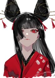 Rule 34 | 1girl, black hair, character request, copyright request, expressionless, eyelashes, hair ornament, highres, hime cut, japanese clothes, kimono, lam (ramdayo), long hair, looking at viewer, pale skin, red eyes, solo, symbol-shaped pupils, white background, wind