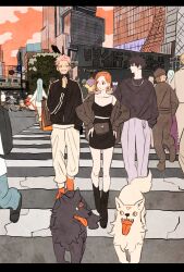 6+boys 6+girls back black_hair black_skirt blonde_hair blue_hair city cloud commentary_request crosswalk dagon_(jujutsu_kaisen) dog earrings full_body fushiguro_megumi green_hair gyokuken hanami_(jujutsu_kaisen) hand_in_pocket hands_on_own_hips hat highres ino_takuma iori_utahime itadori_yuuji jewelry jogo_(jujutsu_kaisen) jujutsu_kaisen kamo_noritoshi kugisaki_nobara letterboxed long_hair looking_at_another mahito_(jujutsu_kaisen) mei_mei_(jujutsu_kaisen) miwa_kasumi multiple_boys multiple_girls muta_kokichi nanami_kento nishimiya_momo orange_hair outdoors pants pink_hair ponytail short_hair skirt smile spiked_hair sunset takeuchi_ryousuke tongue tongue_out toudou_aoi_(jujutsu_kaisen) twintails white_pants wolf zenin_mai