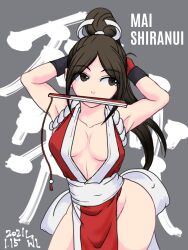 Rule 34 | 1girl, armpits, arms behind head, breasts, brown eyes, brown hair, cleavage, fatal fury, hand fan, highres, large breasts, long hair, mouth hold, ponytail, shihu zou, shiranui mai, snk, solo, the king of fighters, thick thighs, thighs, wide hips