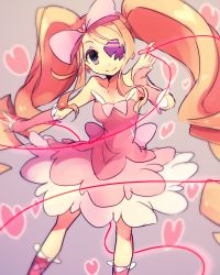 Rule 34 | 10s, 1girl, anko (kirikiri), bare shoulders, big hair, blonde hair, blue eyes, bow, dress, drill hair, eyepatch, hair bow, harime nui, heart, heart-shaped pupils, heart background, highres, kill la kill, long hair, pink background, pink bow, pink dress, pink skirt, pink theme, pinky out, skirt, smile, solo, string, symbol-shaped pupils, twin drills, twintails, wrist cuffs