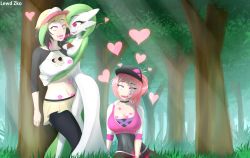 Rule 34 | 3girls, breasts, cleavage, corset, creatures (company), crystal (lewd-zko), day, female protagonist (pokemon go), frottage, game freak, gardevoir, gen 3 pokemon, hand on another&#039;s head, hand under clothes, hand under shirt, hat, heart, heart-shaped pupils, highres, hypnosis, interspecies, kiss, leg between thighs, lewd-zko, lipstick, lipstick mark, makeup, mind control, multiple girls, nintendo, outdoors, pantyhose, pokemon, pokemon (creature), pokemon go, pokephilia, shirt, skirt, symbol-shaped pupils, tagme, visor, yuri