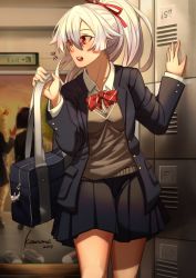 Rule 34 | 2019, 3girls, alternate costume, arms up, bag, blazer, blue skirt, blurry, blurry background, bow, bowtie, charm (object), commentary, commentary request, cowboy shot, depth of field, dress shirt, english commentary, exit sign, fate/grand order, fate (series), flying sweatdrops, hair between eyes, hair ribbon, has bad revision, has downscaled revision, jacket, kosumi, locker, long sleeves, looking to the side, md5 mismatch, mixed-language commentary, multiple girls, open clothes, open jacket, open mouth, pleated skirt, ponytail, red eyes, red neckwear, resolution mismatch, ribbon, school bag, school uniform, shirt, shoes, short hair, signature, silver hair, skirt, solo focus, source smaller, standing, sweater vest, teeth, tomoe gozen (fate), upper teeth only, uwabaki, white shirt