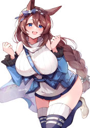 Rule 34 | 1girl, :d, animal ears, bare shoulders, black skirt, black thighhighs, blue bow, blue jacket, blush, bow, braid, breasts, brown footwear, brown hair, clenched hands, ear bow, hands up, highres, horse ears, horse girl, horse tail, jacket, large breasts, long hair, long sleeves, looking at viewer, misoni (mi so ni t), open mouth, pleated skirt, shoes, signature, simple background, single braid, skirt, sleeveless, sleeveless turtleneck, smile, solo, super creek (umamusume), sweater, tail, thighhighs, turtleneck, turtleneck sweater, umamusume, very long hair, white background, white sweater