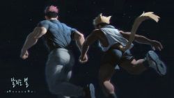 Rule 34 | 2boys, animal ears, artist name, back, bara, black shirt, black shorts, blonde hair, cat boy, cat ears, cat tail, grey pants, holding hands, male focus, mocucumo, multiple boys, muscular, muscular male, night, night sky, original, outdoors, pants, red hair, shirt, short hair, shorts, sky, star (sky), tail, tank top, thick thighs, thighs, undercut, white tank top, yaoi