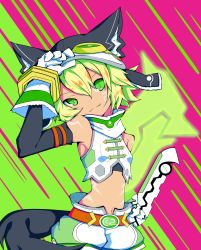 Rule 34 | absurdres, bare shoulders, belt, blonde hair, breasts, collar, crop top, cyberconnect2, gloves, goggles, green eyes, hate, highres, kuroumi 328, neptune (series), short hair, shorts, small breasts, sports bra, sword, tail, weapon