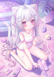 1girl :o animal_ear_fluff animal_ears arm_between_legs bead_necklace beads blush cassette_tape cat_ears cat_girl cat_tail cellphone clenched_hand collarbone commentary_request fingernails flat_chest flip_phone frilled_one-piece_swimsuit frills full_body hair_ornament hair_ribbon heart heart_hair_ornament heart_stickers highres holding holding_water_gun jewelry long_hair looking_at_viewer momochi_chia necklace one-piece_swimsuit original parted_lips pastel_colors phone pink_eyes pink_nails pink_theme plant potted_plant ribbon rubber_duck signature sitting solo star_(symbol) star_hair_ornament star_sticker sticker swimsuit tail tile_floor tiles very_long_hair wading_pool wariza water_gun yume_kawaii