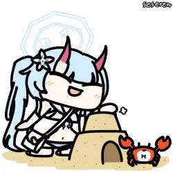 Rule 34 | 1girl, animated, animated gif, bag, beach, bikini, blue archive, chise (blue archive), chise (swimsuit) (blue archive), closed eyes, crab, halo, happy, lowres, open mouth, sand castle, sand sculpture, seseren, shoulder bag, swimsuit