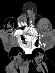 Rule 34 | 1boy, 5girls, absurdres, blank eyes, breasts, censored, chainsaw man, choker, closed eyes, commentary, crying, crying with eyes open, denji (chainsaw man), eyepatch, formal, grabbing own breast, greyscale, hair over one eye, head rest, heartbreak juan, higashiyama kobeni, highres, himeno (chainsaw man), holding, holding phone, horns, loose necktie, makima (chainsaw man), medium breasts, monochrome, mosaic censoring, multiple girls, necktie, open mouth, phone, power (chainsaw man), reze (chainsaw man), shirt, short hair, sleeveless, sleeveless shirt, smile, streaming tears, suit, tears, tongue, tongue out, vomiting