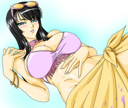 Rule 34 | 1girl, bare shoulders, bikini, black hair, blue eyes, blush, bracelet, breasts, cleavage, collarbone, dutch angle, eyewear on head, fingernails, fringe trim, glasses, groin, halterneck, highres, jewelry, kagami hirotaka, large breasts, lips, long hair, looking at viewer, lowleg, nail, navel, nico robin, one piece, parted lips, revealing clothes, sarong, side slit, skirt, solo, sunglasses, swimsuit, yellow skirt