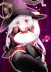 Rule 34 | 1girl, akane846, bad id, bad pixiv id, black thighhighs, breasts, cape, covered erect nipples, crescent, evo grim, foreshortening, grim malaria, hair over eyes, hand on headwear, hat, highres, large breasts, long hair, long sleeves, looking at viewer, malariya, miniskirt, mushroom, plaid, plaid skirt, pleated skirt, quiz magic academy, red eyes, red skirt, ribbed sweater, sad, school uniform, shirt, sitting, skirt, solo, sweater, taut clothes, taut shirt, tears, thighhighs, turtleneck, turtleneck sweater, white hair, white sweater, witch hat, zettai ryouiki