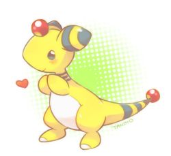 Rule 34 | ampharos, artist name, black eyes, blush, closed mouth, creatures (company), forehead jewel, full body, game freak, gen 2 pokemon, green background, hands up, happy, heart, nintendo, no humans, own hands together, pokemon, pokemon (creature), shiny skin, signature, simple background, smile, solo, standing, tansho