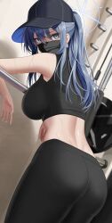 Rule 34 | 1girl, absurdres, armpit crease, ass, bare arms, baseball cap, black mask, black pants, black sports bra, blue archive, blue eyes, blue hair, breasts, from behind, hat, high ponytail, highres, large breasts, leavv, looking at viewer, looking back, mask, midriff, mouth mask, pants, pantylines, saori (blue archive), solo, sports bra, sweat, weights