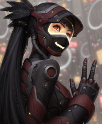 Rule 34 | 1girl, absurdres, armor, black feathers, black hair, blunt bangs, blurry, blurry background, breasts, feather hair ornament, feathers, guweiz, hair ornament, helmet, highres, long hair, looking to the side, original, pilot suit, ponytail, power armor, red eyes, science fiction, smile, solo, upper body, visor (armor), w