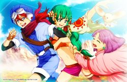 Rule 34 | 1boy, 2girls, :d, arm grab, creature, closed eyes, feena (grandia), fingerless gloves, friends, game arts, gloves, goggles, grandia, grandia i, green hair, hair ornament, hair tubes, hat, highres, holding another&#039;s wrist, justin (grandia), laughing, layered sleeves, long hair, low-tied long hair, lucia garcia, microskirt, midriff, miniskirt, multiple girls, open mouth, purple hair, purple skirt, puui (grandia), red hair, running, scarf, side slit, skirt, smile, sue (grandia), wide sleeves