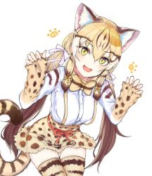 Rule 34 | 10s, 1girl, :d, animal ear fluff, animal ears, animal print, bad id, bad twitter id, blonde hair, bow, bowtie, brown hair, cat ears, cat tail, claw pose, commentary request, cowboy shot, dnsdltkfkd, extra ears, fang, geoffroy&#039;s cat (kemono friends), gradient hair, hair between eyes, hair ribbon, kemono friends, korean commentary, leaning forward, long hair, long sleeves, looking at viewer, low twintails, multicolored hair, open mouth, print bow, print bowtie, print neckwear, print shirt, print skirt, print thighhighs, ribbon, shirt, simple background, skindentation, skirt, sleeves past wrists, smile, solo, striped tail, suspender skirt, suspenders, tail, thigh gap, thighhighs, twintails, very long hair, white background, white ribbon, yellow eyes, zettai ryouiki