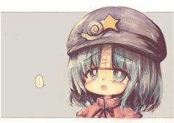 Rule 34 | ..., 1girl, black ribbon, blue eyes, blue hair, blue hat, cabbie hat, chinese clothes, commentary request, grey background, hat, kouba, miyako yoshika, neck ribbon, ofuda, ofuda on head, ribbon, short hair, simple background, snail on head, solo, spoken ellipsis, tangzhuang, touhou, upper body