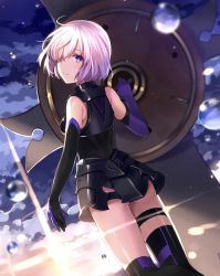Rule 34 | 1girl, armor, armored dress, ass, asymmetrical gloves, asymmetrical legwear, back, black thighhighs, breasts, cloud, cloudy sky, dutch angle, elbow gloves, fate/grand order, fate (series), from behind, gloves, holding, holding shield, lens flare, light purple hair, looking at viewer, looking back, mash kyrielight, mismatched gloves, purple eyes, shield, short hair, sky, smile, solo, sunlight, tan (tangent), thighhighs, uneven legwear, water drop