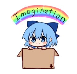 Rule 34 | 1girl, blue bow, blue hair, bow, box, cardboard, cirno, commentary, english commentary, ferdy&#039;s lab, hair bow, rainbow, short hair, simple background, solo, touhou, white background
