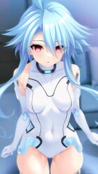 Rule 34 | 1girl, bare shoulders, blue hair, blush, breasts, collar, covered navel, elbow gloves, gloves, hair between eyes, highres, hypnosis, irori (irorixc), leotard, light blue hair, looking at viewer, mind control, neptune (series), open mouth, power symbol, power symbol-shaped pupils, red eyes, short hair with long locks, skindentation, small breasts, solo, symbol-shaped pupils, thighhighs, white gloves, white heart (neptunia), white leotard
