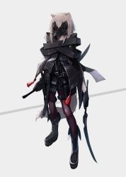 Rule 34 | 1girl, absurdres, animal ears, boots, fox mask, highres, holding, holding weapon, kama (weapon), knife, mask, mikisai, original, short hair, sickle, simple background, solo, weapon, white background, white hair