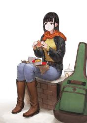 Rule 34 | 1girl, :t, belt, black eyes, black hair, black jacket, blouse, boots, braid, breasts, brown footwear, burger, cheek bulge, commentary, cup, denim, disposable cup, drinking straw, eating, food, french fries, full body, guitar case, highres, holding, holding food, instrument case, jacket, jeans, jun (navigavi), long hair, long sleeves, looking at viewer, mcdonald&#039;s, medium breasts, orange scarf, original, pants, scarf, shirt, side braid, simple background, sitting, solo, white background, yellow shirt