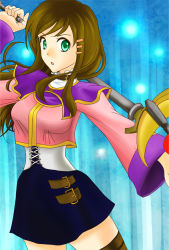 Rule 34 | 1girl, bad id, bad pixiv id, holding behind back, belt, blue skirt, breasts, brown hair, brown thighhighs, choker, corset, cowboy shot, green eyes, hair ornament, hairclip, holding, holding staff, jacket, long hair, long sleeves, looking at viewer, open mouth, pencil skirt, pink jacket, polearm, rod, short hair, simple background, skirt, solo, sophia esteed, staff, star ocean, star ocean till the end of time, thighhighs, weapon, zettai ryouiki