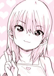 Rule 34 | 1girl, child, eyebrows, female focus, heart, heart-shaped pupils, heart background, looking at viewer, monochrome, original, pink theme, ponsuke (pon00000), portrait, smile, solo, symbol-shaped pupils, v