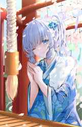 Rule 34 | 1girl, absurdres, alternate costume, ayaka (genshin impact), blue eyes, blue flower, blue kimono, blue sky, box, closed mouth, donation box, falling petals, floral print, flower, genshin impact, grey hair, hair between eyes, hair flower, hair ornament, hair ribbon, highres, japanese clothes, kimono, looking at viewer, mole, mole under eye, one eye closed, own hands clasped, own hands together, petals, ponytail, praying, qiyuan yingluo, ribbon, rope, shimenawa, shrine, sky, smile, solo, tress ribbon, wide sleeves