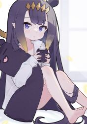 Rule 34 | 1girl, barefoot, character pillow, coffee mug, commentary, cp2980606, cup, feet, headpiece, highres, holding, holding cup, hololive, hololive english, long hair, long sleeves, looking at viewer, mole, mole under eye, mug, ninomae ina&#039;nis, parted lips, pointy ears, purple eyes, purple hair, shirt, soles, solo, takodachi (ninomae ina&#039;nis), tentacle hair, toes, very long hair, virtual youtuber, white shirt