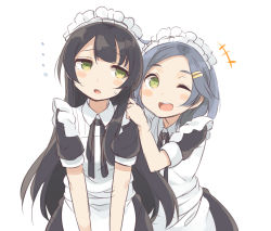 Rule 34 | ..., 10s, 2girls, ;d, agano (kancolle), alternate costume, apron, bad id, bad pixiv id, black hair, green eyes, grey hair, hand on another&#039;s shoulder, kantai collection, kuroshio (kancolle), maid, maid apron, maid headdress, multiple girls, one eye closed, open mouth, personification, smile, totoki86