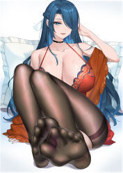 Rule 34 | 1girl, absurdres, azuma fubuki, bare arms, bare shoulders, black pantyhose, blue eyes, blue hair, breasts, cleavage, dark blue hair, feet, hair over one eye, highres, huge breasts, large breasts, long hair, looking at viewer, mato kuroi, mato seihei no slave, mature female, no shoes, open mouth, pantyhose, pillow, soles, thighband pantyhose, toes, very long hair