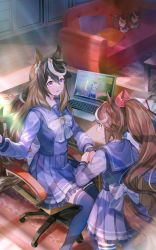 Rule 34 | 2girls, animal ears, blue eyes, brown hair, candy, chair, character doll, coffee table, computer, couch, earrings, eye contact, food, gold ship (umamusume), highres, horse ears, horse girl, horse tail, indoors, jewelry, laptop, long hair, long sleeves, looking at another, looking at viewer, multicolored hair, multiple girls, office chair, paper, pen, pillow, ponytail, purple eyes, purple legwear, purple shirt, purple skirt, rug, sailor collar, school uniform, shirt, single earring, sitting, skirt, standing, streaked hair, sunlight, sweatdrop, swivel chair, symboli rudolf (umamusume), table, tail, thighhighs, tokai teio (umamusume), tracen school uniform, umamusume, yoshida (ne)