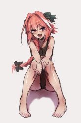 Rule 34 | 1boy, :d, astolfo (fate), bad id, bad pixiv id, bare arms, bare legs, bare shoulders, barefoot, black bow, black panties, black ribbon, bow, braid, bulge, fang, fate/apocrypha, fate (series), hair between eyes, hair bow, hair intakes, hair ribbon, highres, jagaimo (kkamja), knees together feet apart, long hair, looking at viewer, male focus, multicolored hair, open mouth, panties, pink hair, purple eyes, ribbon, shadow, single braid, sitting, smile, solo, streaked hair, trap, two-tone hair, underwear, white hair